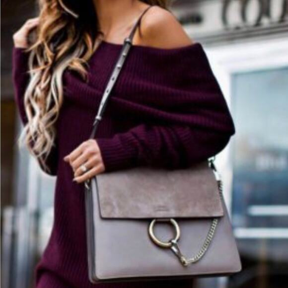 Chloe Faye Medium Shoulder Bag Motty Gray Leather - Picture 15 of 15